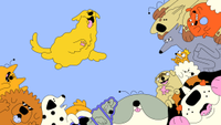 Several cartoon dogs jumping and smiling