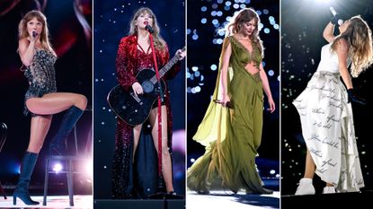 Taylor Swift in four different Eras Tour outfits by several different designers