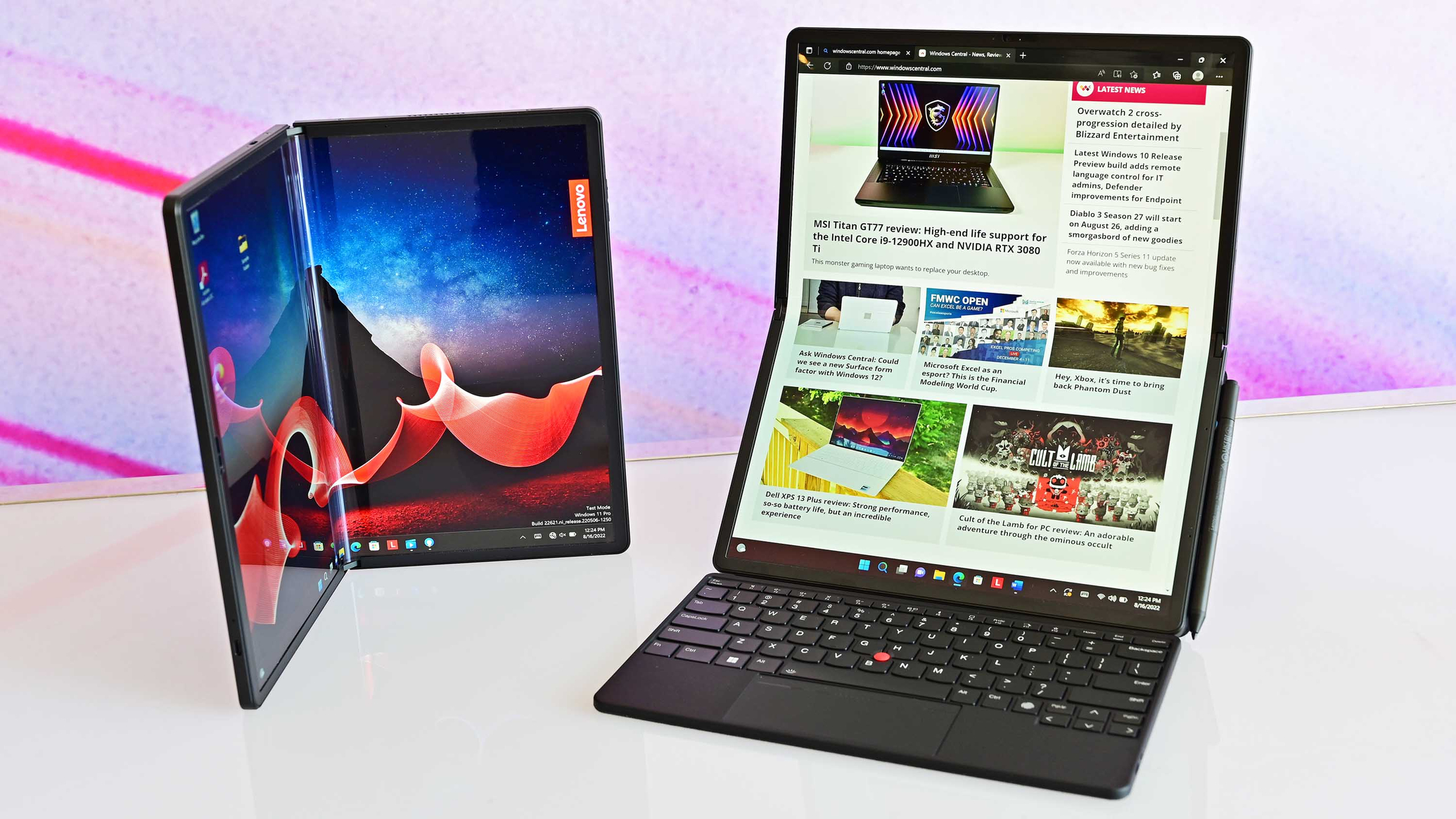 Lenovo ThinkPad X1 Fold with Keyboard attached and propped on desk