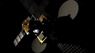 A visualization of a spacecraft with solar panel wings.