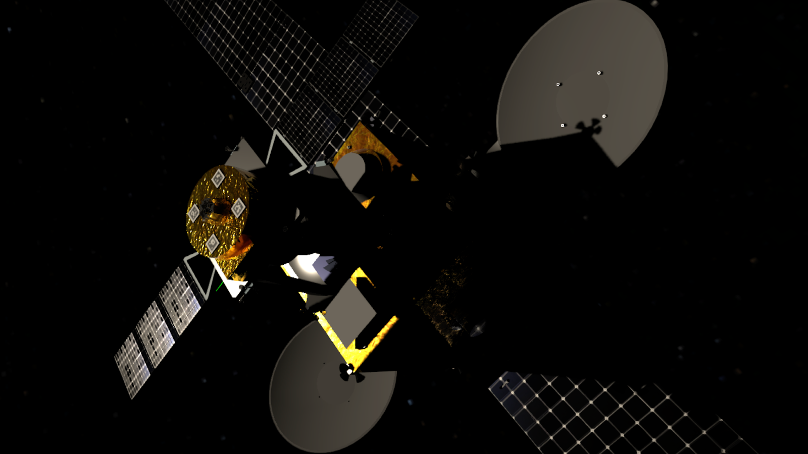 A visualization of a spacecraft with solar panel wings.