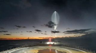 A camera aboard the SpaceX droneship A Shortfall of Gravitas captured this view of the "jellyfish" spawned by the launch of a Falcon 9 rocket on Oct. 8, 2022. 
