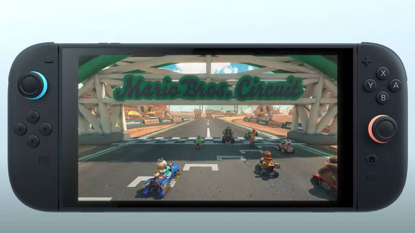 A screenshot from the reveal trailer for the Nintendo Switch 2, showing the console playing a Mario Kart game.