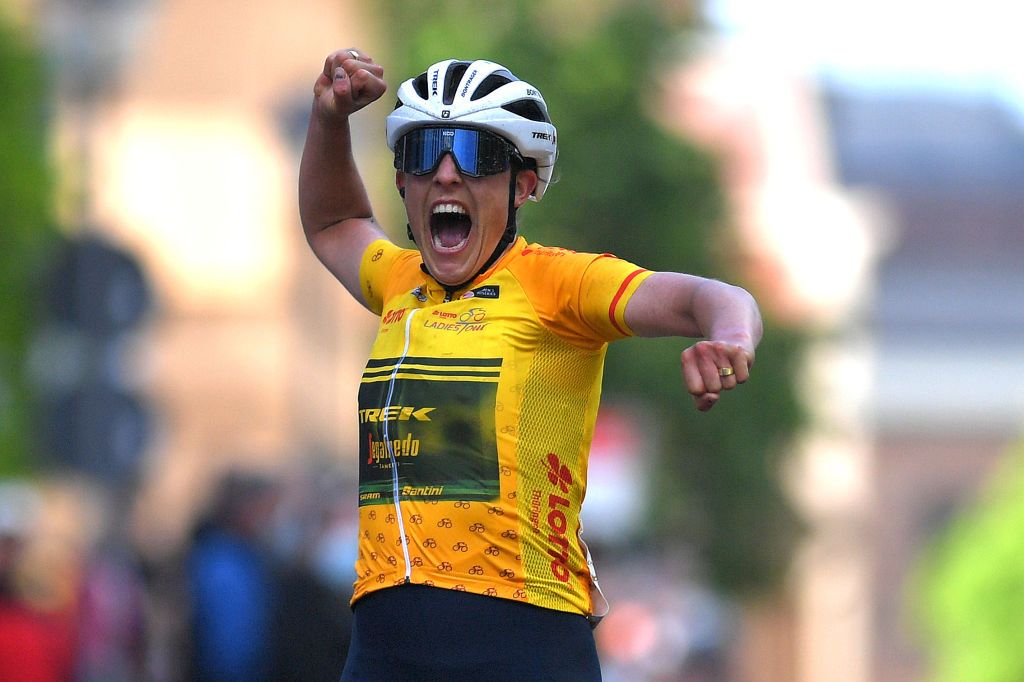 WEIMAR GERMANY MAY 29 Lucinda Brand of Netherlands and Trek Segafredo yellow leader jersey stage winner celebrates at arrival during the 34th Internationale LOTTO Thringen Ladies Tour 2021 Stage 5 a 1433km stage from Weimar to Weimar ltlt2021 lottothueringenladiestour womencycling on May 29 2021 in Weimar Germany Photo by Luc ClaessenGetty Images