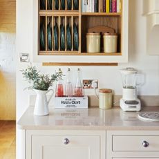neutral kitchen with open shelving above worktops