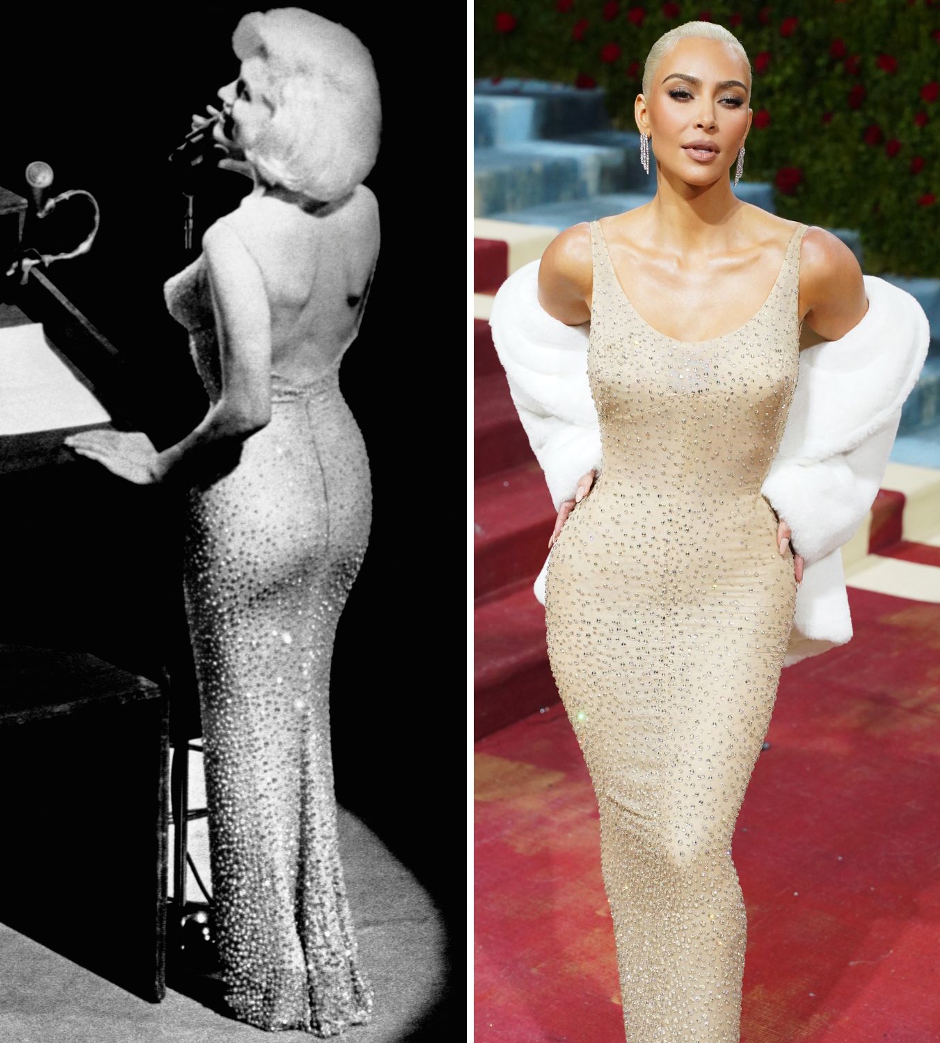 a collage of marilyn monroe in 1962 and kim kardashian in 2022 wearing the same jean louis gown
