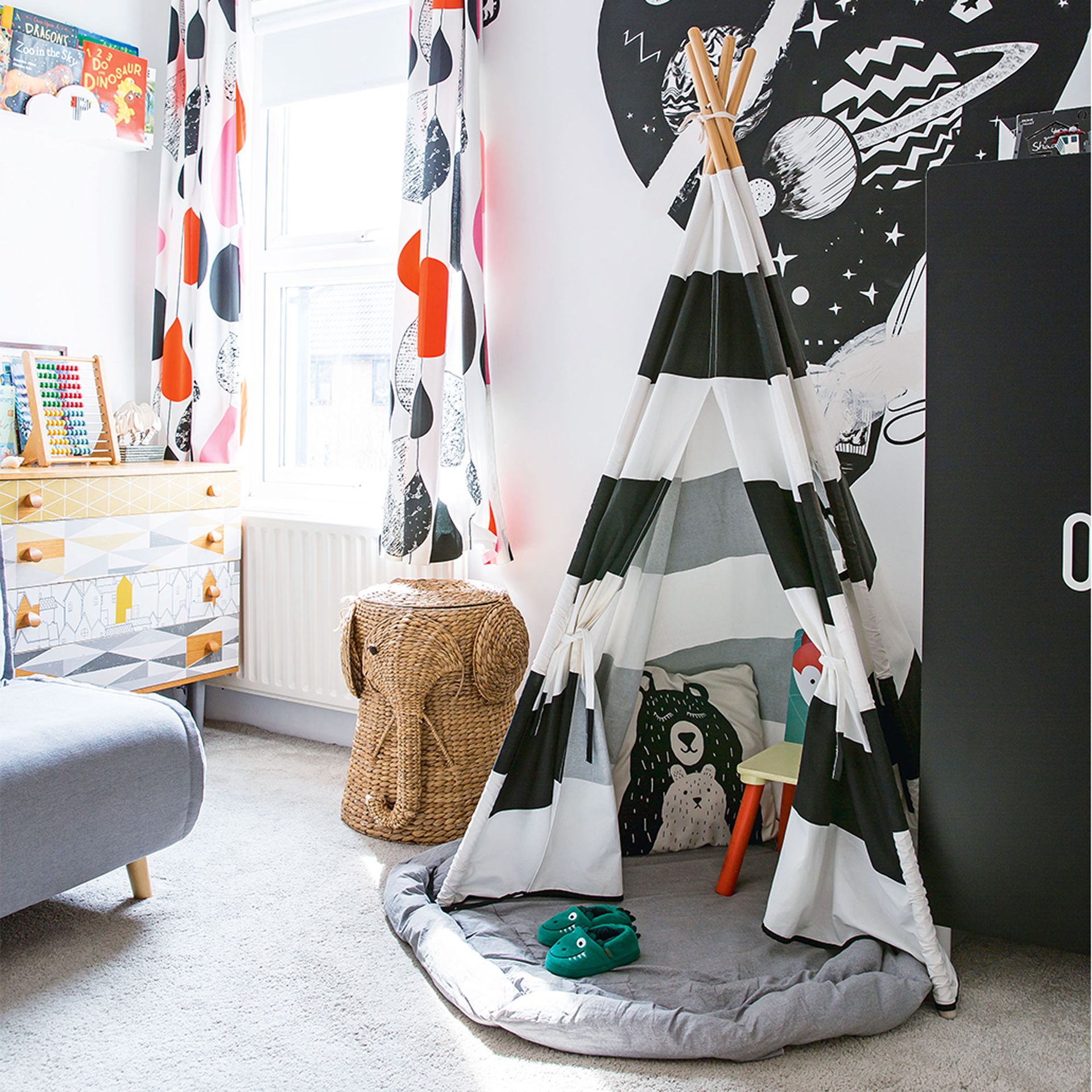 grey kids room with wigwam