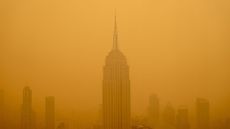 photo shows the empire state building as viewed from a nearby skyscraper; the building and those nearby are surrounded by a dense cloud of yellow-orange smog made up of wildfire smoke