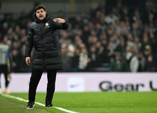 Chelsea Head Coach Mauricio Pochettino gestures from the sidelines during the Premier League match between Chelsea FC and Newcastle United at Stamford Bridge on March 11, 2024 in London, England.