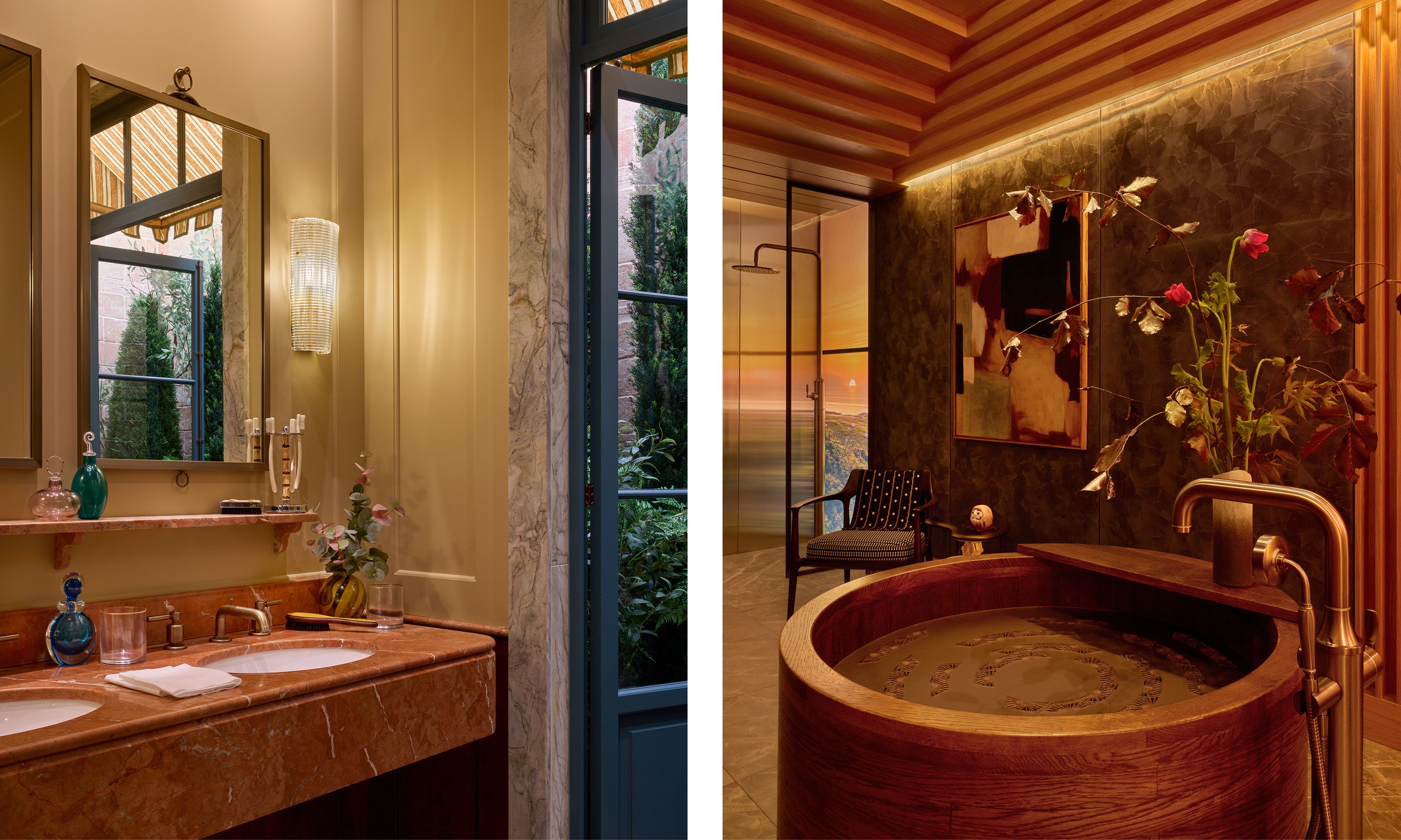 Side-by-side luxury bathrooms: the left features a warm-toned vanity with a pink marble countertop and gold fixtures; the right shows a moody, spa-like room with a round wooden soaking tub and dark textured walls.