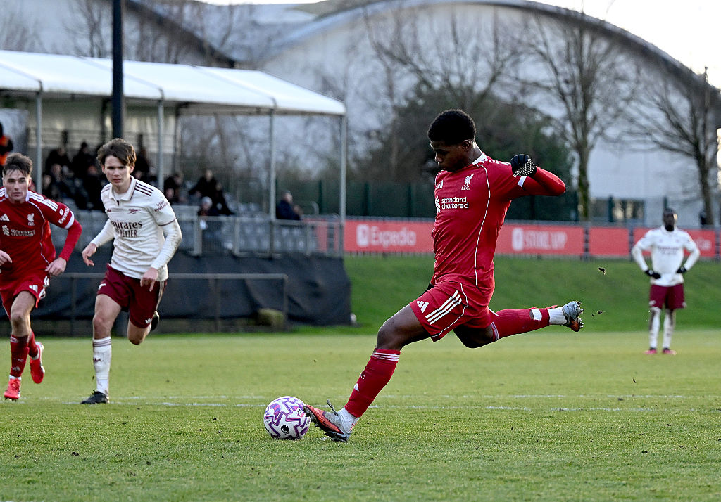 Keyrol Figueroa of Liverpool scores Liverpool's seventh goal from the penalty spot during the PL2 game at AXA Training Centre on January 17, 2026 in Kirkby, England.