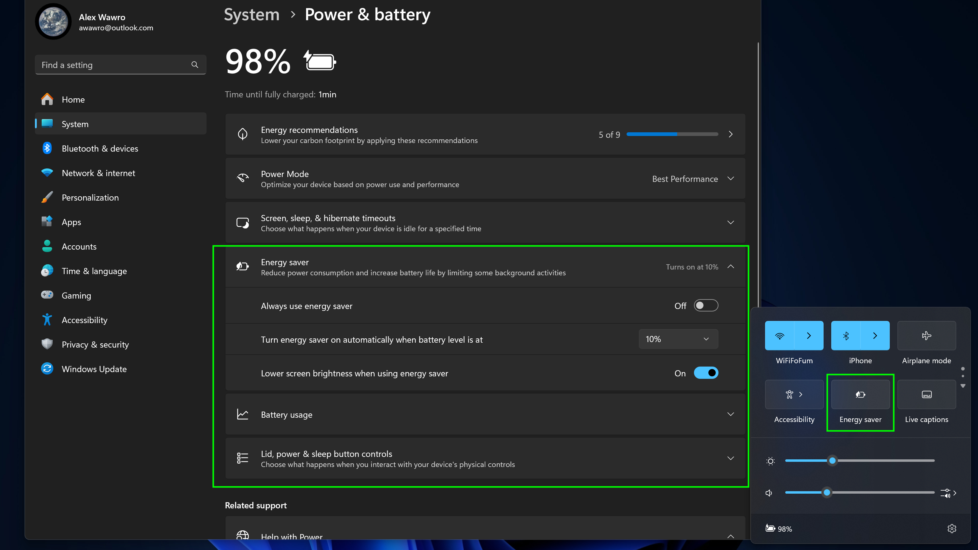 Energy Saver mode runs on Windows 11 24H2