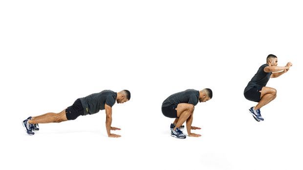 Man demonstrates three positions of the burpee tuck jump