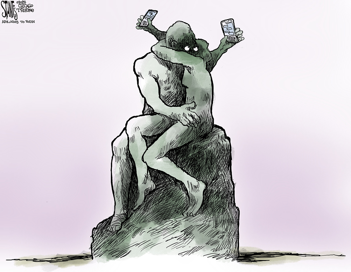 This cartoon depicts nude male and a nude female statue embracing. They both have cell phones outside the other&amp;rsquo;s field of vision and they are texting people instead of getting busy with each other.
