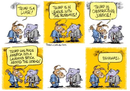 Political cartoon U.S. Trump lies Russia investigation obstruction of justice Hillary Clinton Benghazi