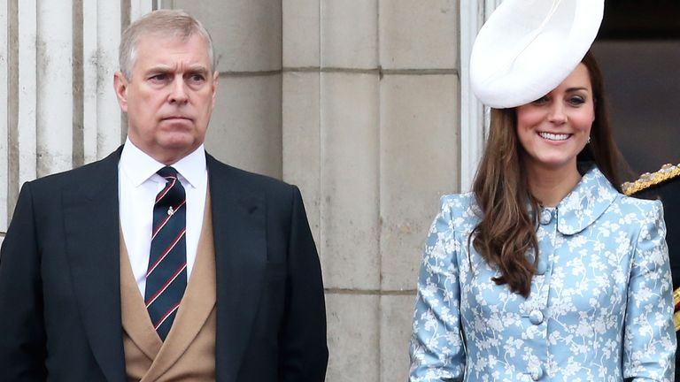 Kate Middleton and Prince Andrew stand on the balcony of Buckingham Palace following the Trooping The Colour ceremony on June 13, 2015 in London, England