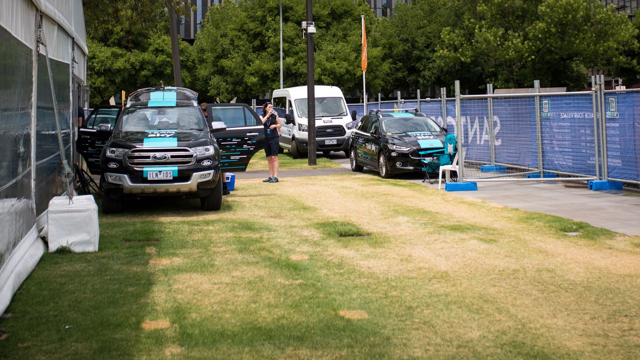 The majority of the teams use Subaru vehicles as provided by the race but Sky are rolling in their own stickered up Fords