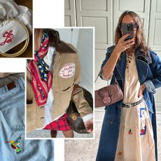a collage featuring Larissa Mills wearing embroidered and needlepointed clothing and embroidered jeans, handbags, scarves, and white shirts