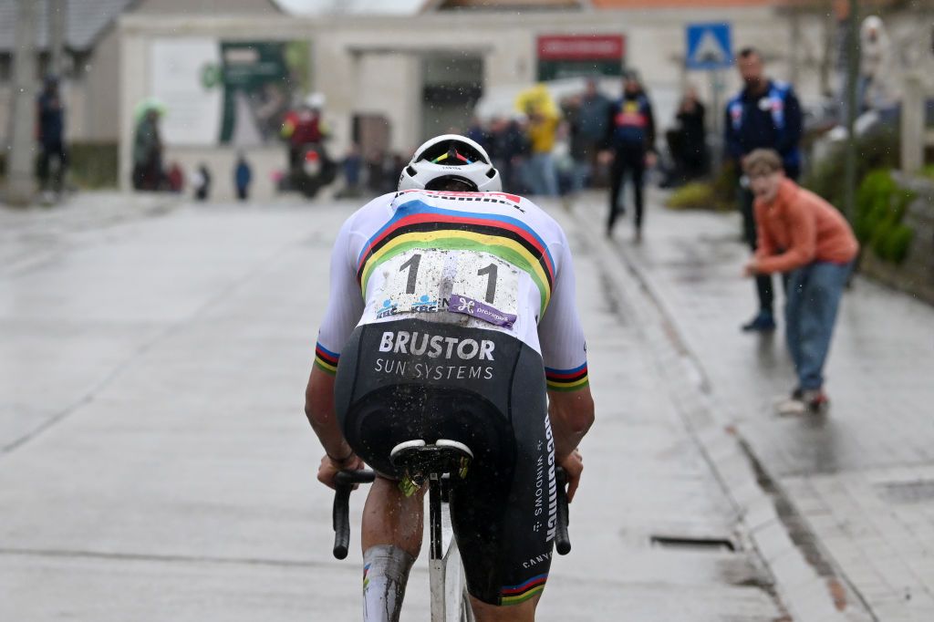 OUDENAARDE BELGIUM MARCH 31 Mathieu van der Poel of The Netherlands and Team Alpecin Deceuninck competes in the breakaway during the 108th Ronde van Vlaanderen Tour des Flandres 2024 Mens Elite a 2708km one day race from Antwerpen to Oudenaarde UCIWT on March 31 2024 in Oudenaarde Belgium Photo by Dario BelingheriGetty Images
