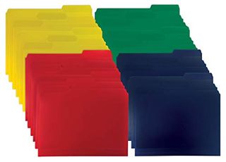 Stacks of file folders in yellow, red, green, and dark blue