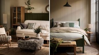 Living room and bedroom with the new Habitat x Morris & Co soft furnishings