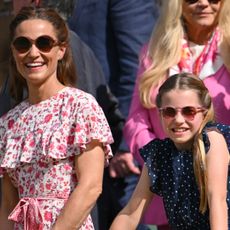 Pippa Middleton and Princess Charlotte of Wales court-side of Centre Court during the men's final on day fourteen of the Wimbledon Tennis Championships at the All England Lawn Tennis and Croquet Club on July 14, 2024 in London, England.