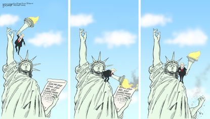 Political cartoon U.S. Trump immigration Statue of Liberty