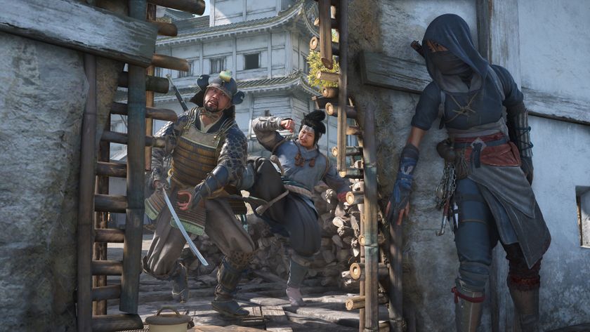 Naoe hides around a corner while infiltrating a hostile area in Assassin&#039;s Creed Shadows, watching ally character Yaya pummel an enemy