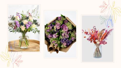 A composite image of three of the best flower delivery services, on a white background with floral graphics.