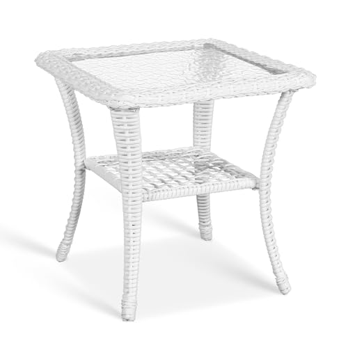 Vivijason Outdoor Wicker Side Table, All-Weather Rattan Patio Side Table Bistro Table With 2-Tier, Tempered Glass Top Square End Table for Indoor, Balcony, Garden, Porch, Deck, White