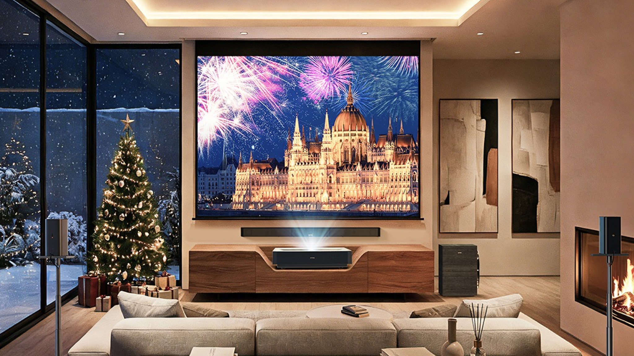 A living room with lots of ultimea audio hardware, a christmas tree and a projector. It's snowing outside the full height windows.