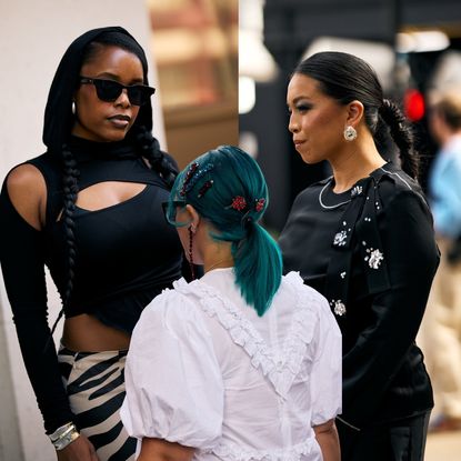 a collage of three women with stylish outfits and bold hair and makeup