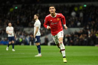Manchester United forward Cristiano Ronaldo celebrates after scoring the first of his three goals in a 3-2 win at Tottenham in 2022.