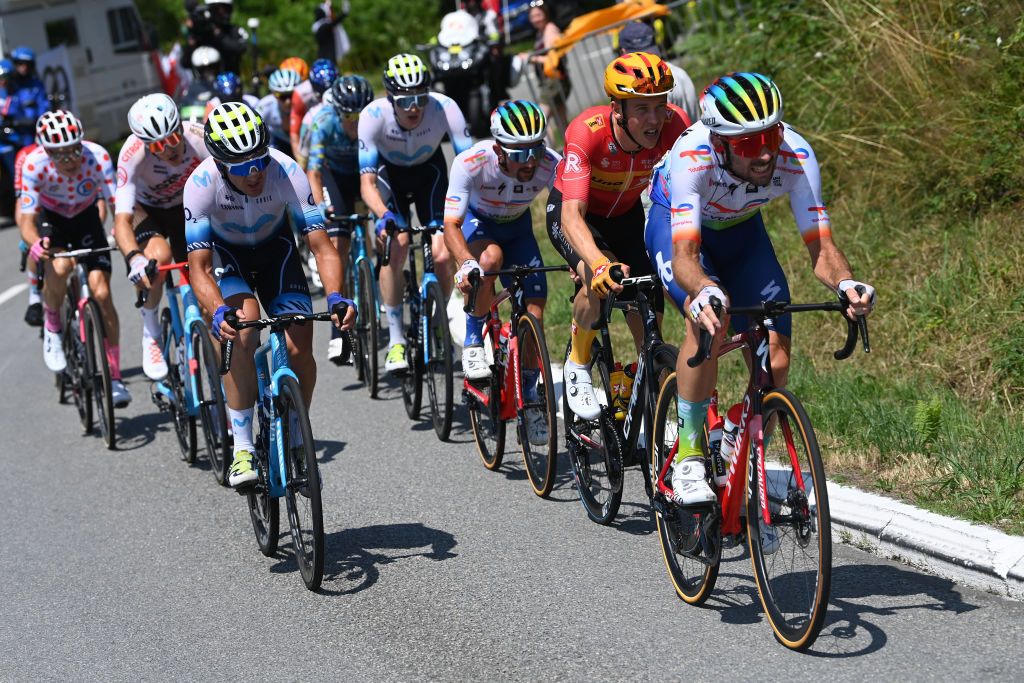 PUY DE DME FRANCE JULY 09 LR Gorka Izagirre of Spain and Movistar Team and Pierre Latour of France and Team TotalEnergies compete in the breakaway during the stage nine of the 110th Tour de France 2023 a 1824km stage from SaintLonarddeNoblat to Puy de Dme 1412m UCIWT on July 09 2023 in Puy de Dme France Photo by Tim de WaeleGetty Images