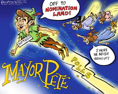 Political Cartoon U.S. Mayor Pete Buttigieg Peter Pan 2020 elections