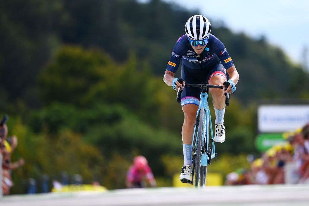 PLANCHE DES BELLES FILLES FRANCE JULY 31 Elisa Longo Borghini of Italy and Team Trek Segafredo crosses the finish line during the 1st Tour de France Femmes 2022 Stage 8 a 1233km stage from Lure to La Super Planche des Belles Filles TDFF UCIWWT on July 31 2022 in Planche des Belles Filles France Photo by Tim de WaeleGetty Images