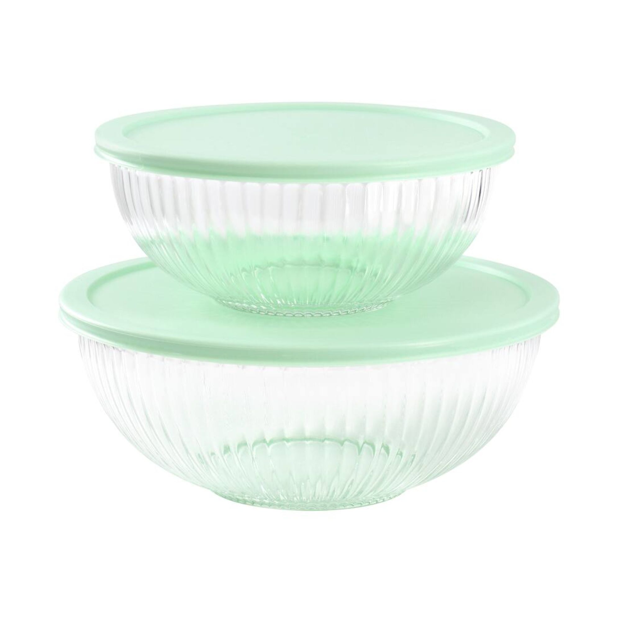 Ribbed glass bowls with mint green lids