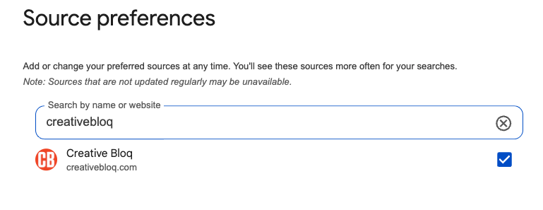 source preferences with Creative Bloq selected and the blue tickbox checked