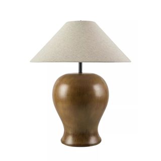 wooden rounded table lamp with neutral shade