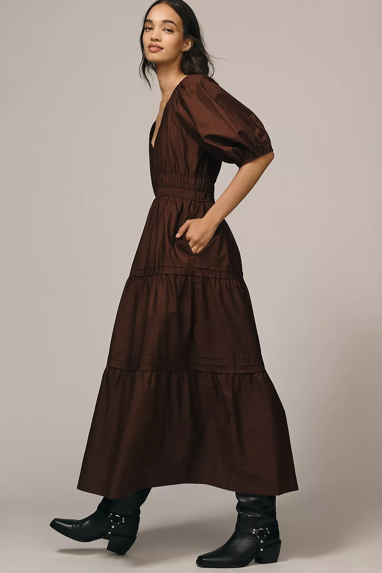 Maeve Smocked V-Neck Half-Sleeve Tiered Midi Dress