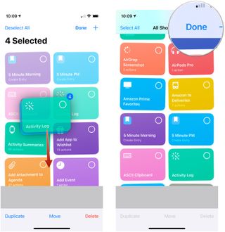 Organize Shortcuts in iOS 14, showing how to drag shortcuts to a new spot, then tap Done