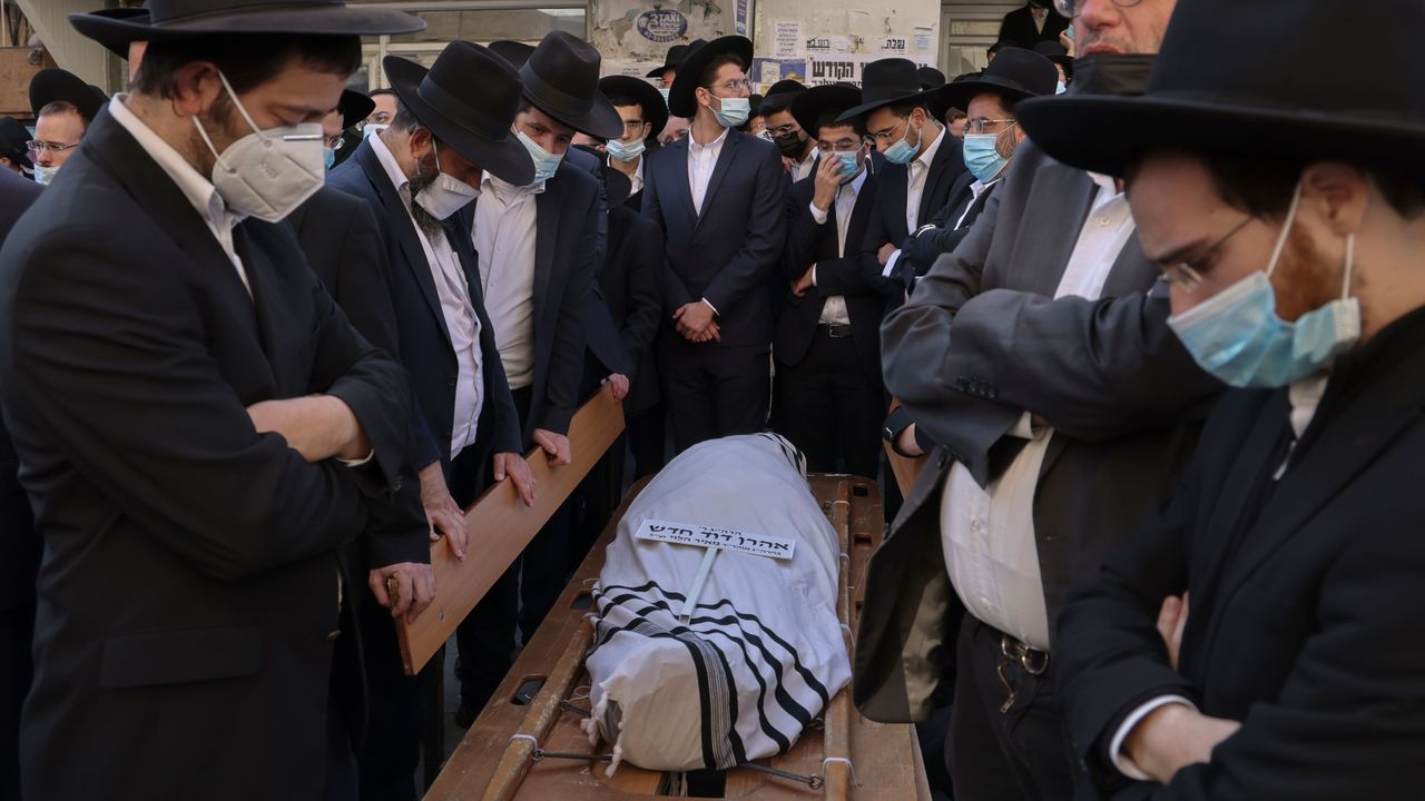 Ultra-orthodox Jewish men defy Covid-19 restrictions to attend the funeral of Rabbi Aharon David Hadas in Jerusalem