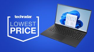 LG Gram 15 laptop against a blue background with a 'TechRadar Lowest Price' badge beside it.