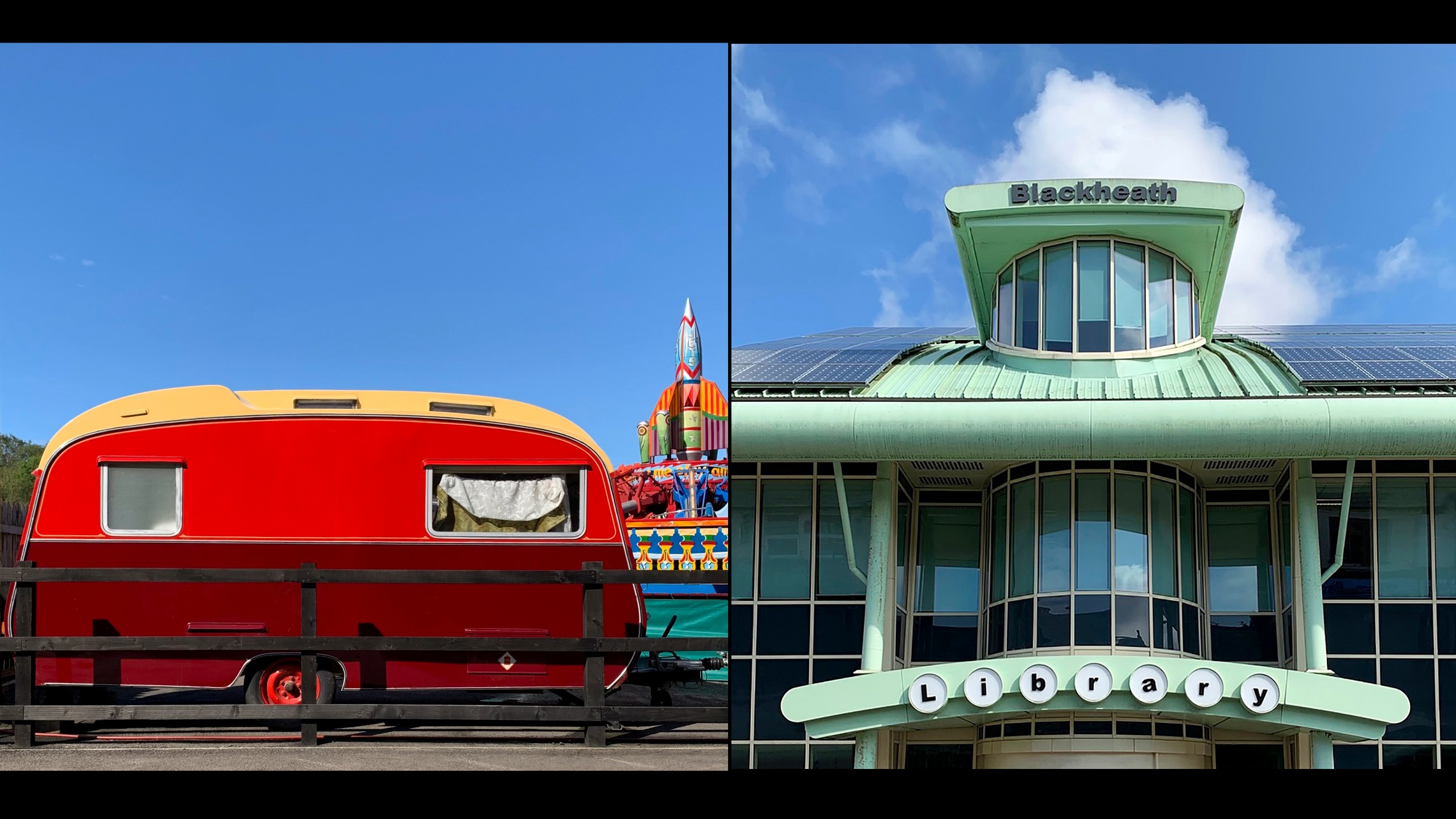 Square [hotos of bright red caravan and of a green Art Deco library building