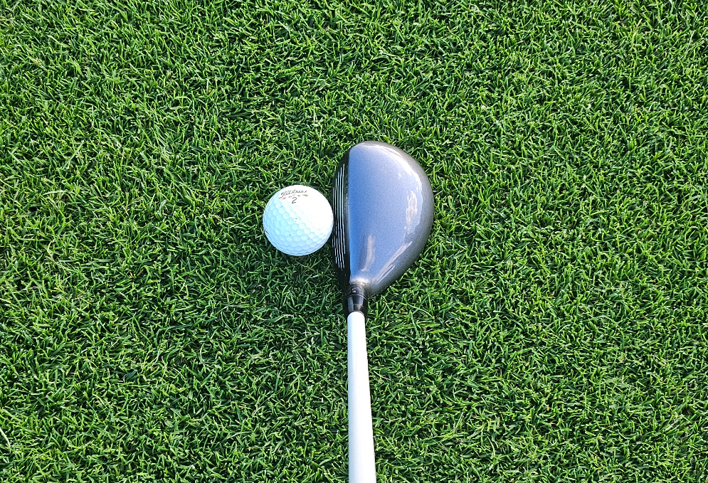 Looking down at a hybrid and ball at address on grass