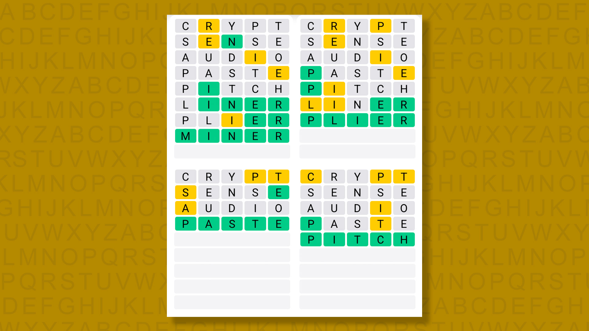 Quordle answers for game 1538 on a yellow background