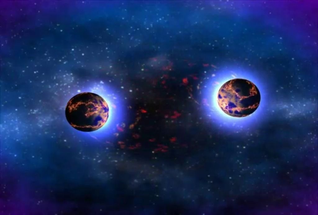 An artist&#039;s depiction of neutron stars preparing to collide.