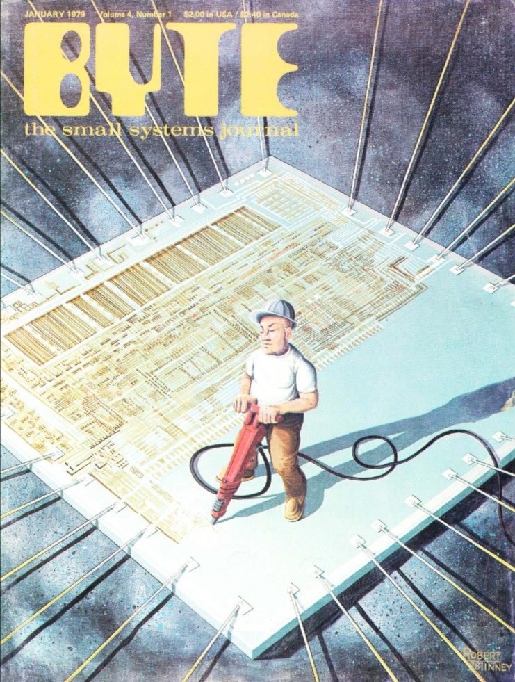 Byte cover showing construction worker chiseling giant silicon wafer with jackhammer