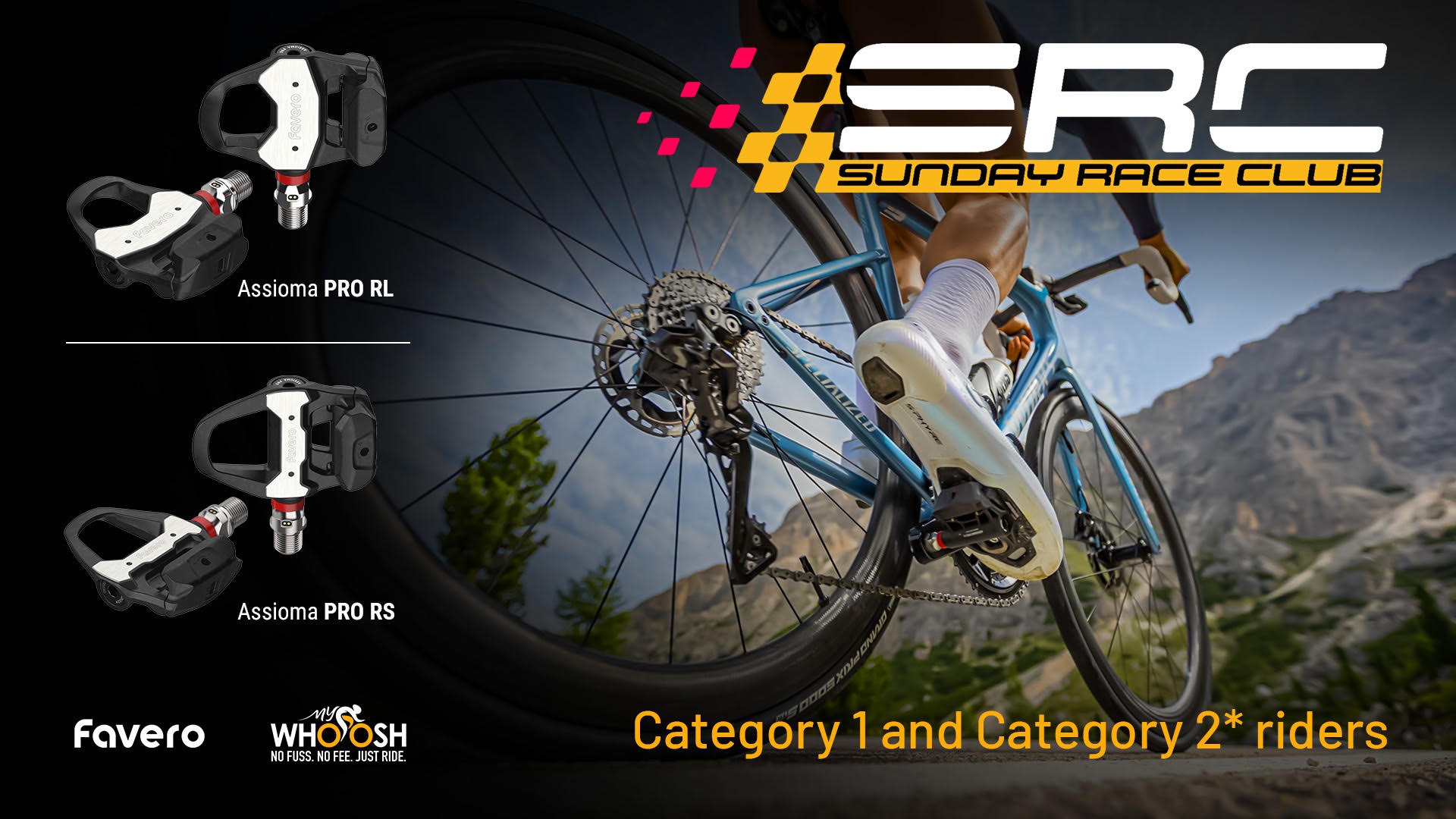 A MyWhoosh SRC poster depicting the new mandatory Favero Assioma pedals