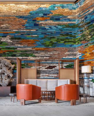Yanbai Villa's lobby area with bright colour mosaics